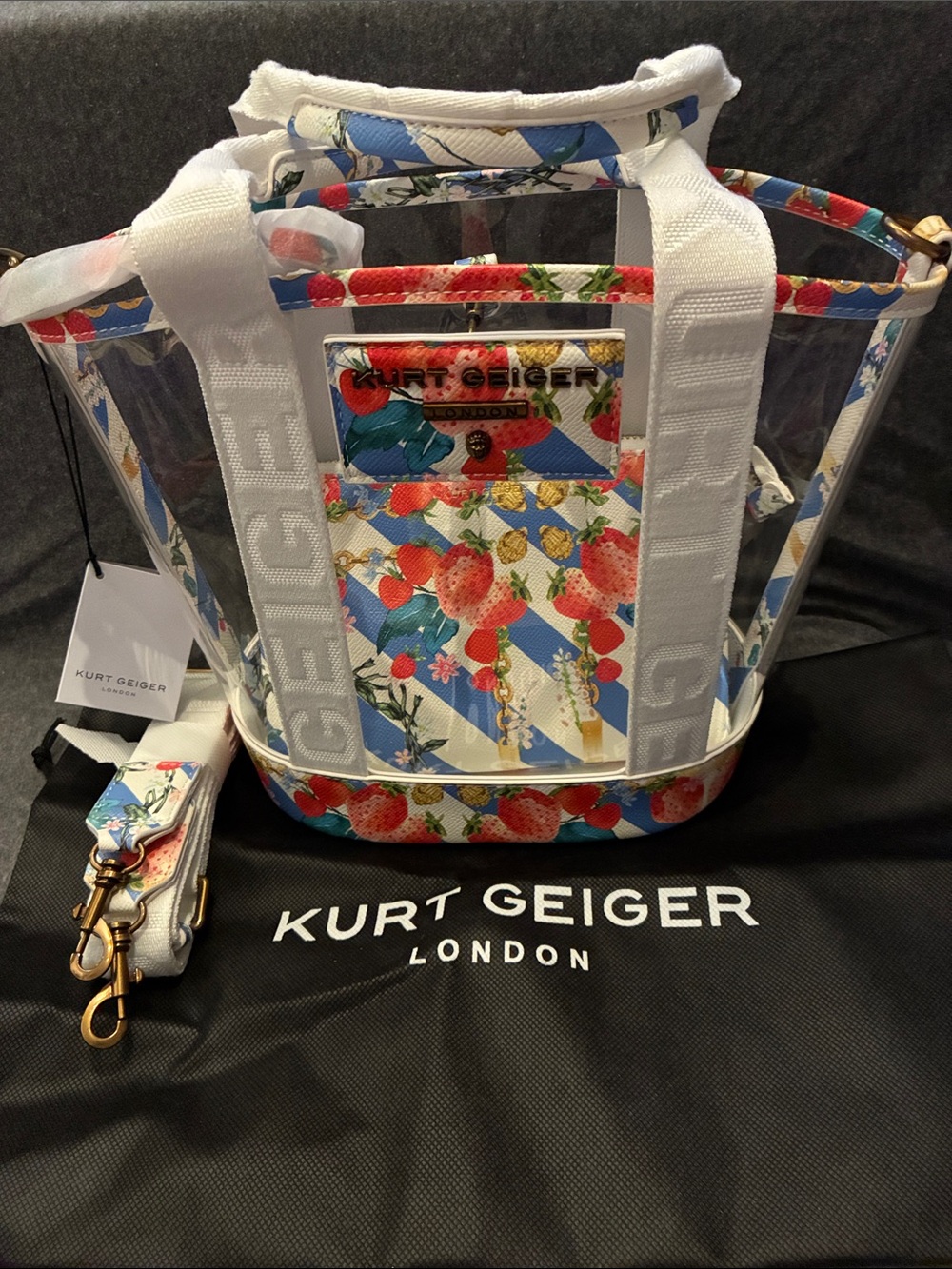 Kurt Geiger Clear Tote with Strawberry Floral Print and White Trim & dust bag